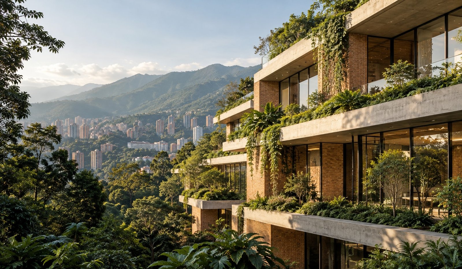 Arquitectura contemporánea con terrazas verdes y paisaje de montaña